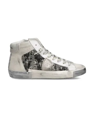 Philippe Model Womens Prsx High-Top Sneaker In Metal Jacquard Blanc Platinum