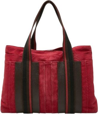 Herm&egrave;s Black Red Brown Canvas Handbag Tote Bag (Pre-Owned)