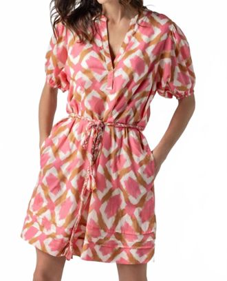 Lilla P Printed Voile Shirred Elbow Sleeve Dress In Punch Ikat Print