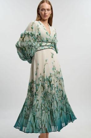 Karen Millen Womens Ombre Floral Crinkle V Neck Georgette Draped Woven Maxi Dress - Size 12 UK