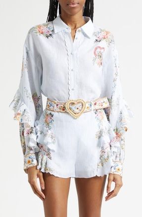 Camilla Seville Sweetheart Frill Detail Linen Button-Up Shirt at Nordstrom, Size Medium