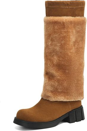 Generic Womens Pull on Long Boots Round Toe Faux Suede Knee High Boots Low Block Heel Western Boot,Brown,5.5 UK