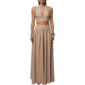 JLUXLABEL Haven Halter Crop Top & Maxi Skirt Set in Tan at Nordstrom, Size X-Large