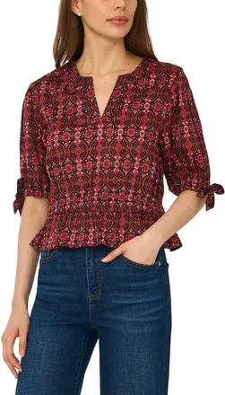 CeCe by Cynthia Steffe Split Neck Stretch Cotton Poplin Peplum Top in Pink/rich Black at Nordstrom, Size Xx-Small