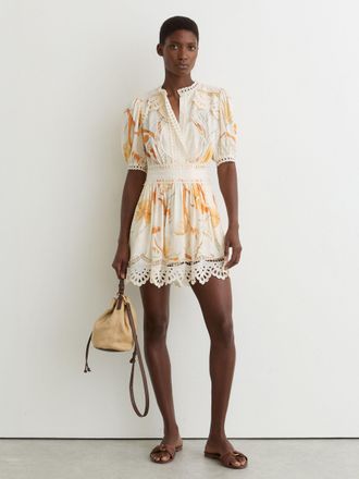 Reiss & pink Floral-print Lace-trim Mini Dress, 14