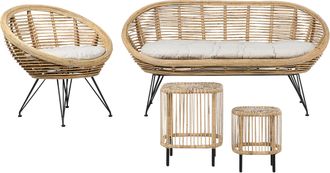 Beliani Conjunto De Sala De Estar 3 Plazas Con 2 Mesas De Centro Auxiliares Rat&aacute;n Sof&aacute; Sill&oacute;n Boho Beige Claro Coj&iacute;n Tela Algod&oacute;n Resistencia Media Interior N