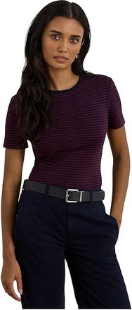 Lauren Ralph Lauren Striped Stretch Cotton Crewneck T-Shirts Womens Clothing Dark Garnet/Lauren Navy : MD, Cotton/Elastane