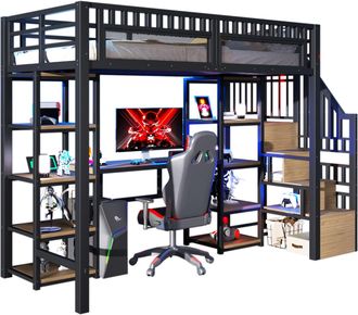 STILVORA Cama Alta 90 X 200 Cm Con Escritorio, Led, Usb, Estantes Y Escalera De Almacenamiento, Sin Colch&oacute;n, De Metal, Negro