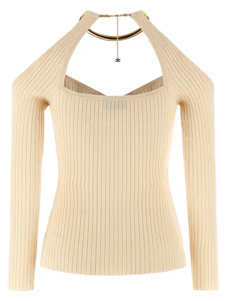 Elisabetta Franchi Necklace-Detailed Ribbed Sweater - Cream