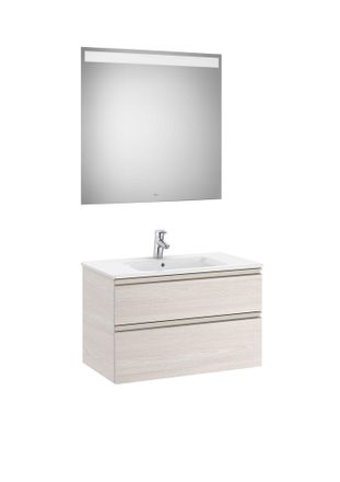 Roca Roca - Pack Mueble Base De 2 Cajones + Lavabo Central + Espejo Led The Gap Color: Fresno N&oacute;rdico