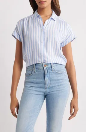 Beach Lunch Lounge Daria Stripe Short Sleeve Button-Up Shirt in Blue Veil at Nordstrom, Size X-Large