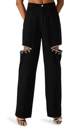 Steve Madden Ayla Embellished Slit Straight Leg Jeans in Black at Nordstrom Rack, Size 25