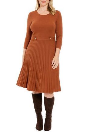 London Times Long Sleeve Pleated Flare Skirt Dress in Brown at Nordstrom Rack, Size X-Large