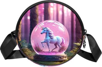 Generic Circle Crossbody Bag for Women, Unicorn Crystal Ball Small Sling Bag Daypack with Zipper Adjustable Shoulder Straps Casual Ladies Girls Round Purse