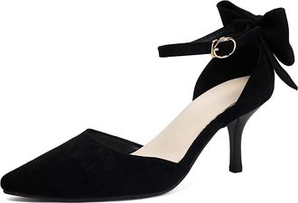 Generic Womens Pointed Toe Faux Suede Bridal Shoes Stiletto High Heel Wedding Dress Shoes Ankle Strap Party Prom Pumps with Bow,Black,2.5 UK