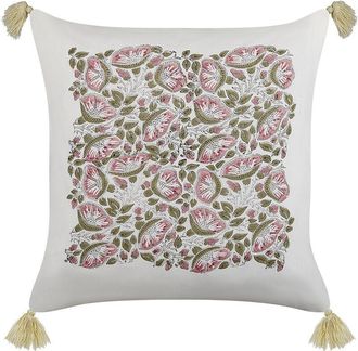 Beliani Coj&iacute;n De Algod&oacute;n Blanco Rosa Verde 45 X 45 Cm A Mano Floral Borlas Relleno Carissa