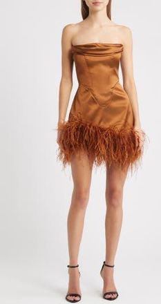 Delfi Adrienne Ostrich Feather Hem Strapless Satin Cocktail Minidress in Bronze at Nordstrom Rack, Size X-Small