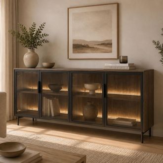 Dmora Aparador Hapa, Mueble 2 Estantes, Puertas Abatibles, 4 Puertas, 181x39x83h Cm Marr&oacute;n Nogal
