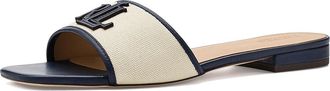 Lauren Ralph Lauren Everley Leather-Trim Canvas Slide Sandals Womens Sandals Natural/Refined Navy : 8.5 B - Medium, Leather/Textile
