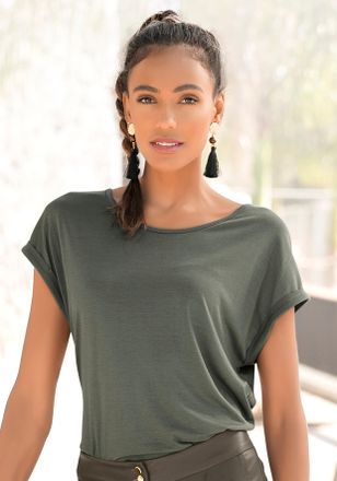 Lascana Kurzarmshirt LASCANA, Damen, Gr. 32/34, gr&uuml;n (khaki), Jersey, Obermaterial: 100% Viskose, unifarben, figurumspielend h&uuml;ftlang, Rundhals, Aufschlag, Sh