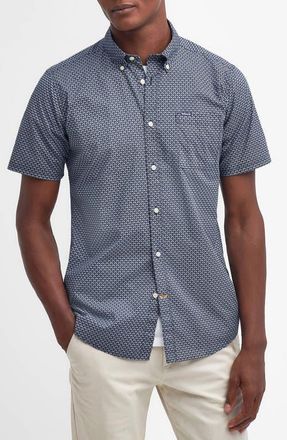 Barbour Tailored Fit Scallop Print Short Sleeve Cotton Button-Down Shirt in Navy at Nordstrom, Size Xx-Large