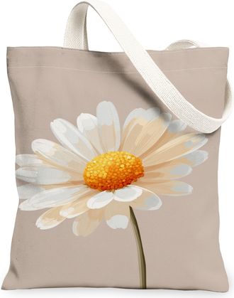 Generic Floral Canvas Tote Bags, Elegant Chrysanthemum Pattern Reusable Grocery Bags, Vintage Lightweight Washable Shoulder Strap C, Beige, 13x15 Inch