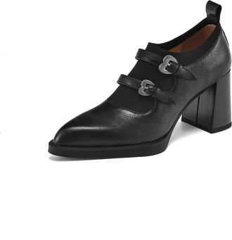 TinaCus Womens Genuine Leather Slip-on Decorate Buckle Pointed Toe Stacked Heel Loafers Pumps Shoes, Black, 5 UK