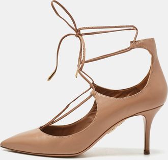 Aquazzura Beige Leather Christy Lace Ankle Wrap Pumps