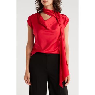 Renee C Cap Sleeve Satin Top with Scarf in Red at Nordstrom Rack, Size X-Small