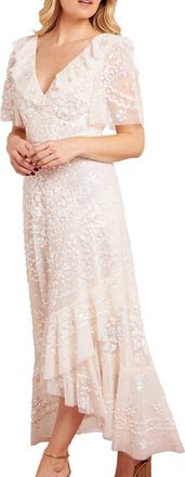 Needle & Thread Anais Sequin Frill Ankle Gown in Cream at Nordstrom, Size 12