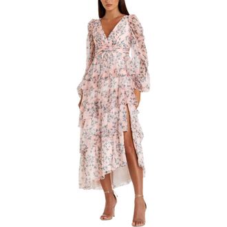 Mac Duggal Elegant Puff Sleeve Floral Midi Dress with A-Line Silhouette and Side Pockets in Blush Multi at Nordstrom, Size 14