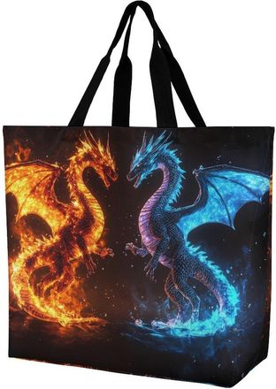 Generic Fire And Blue Dragons Reusable Shopping Bags Large Capacity Grocery Bag Heavy Duty Tote for Women 40x40x16cm