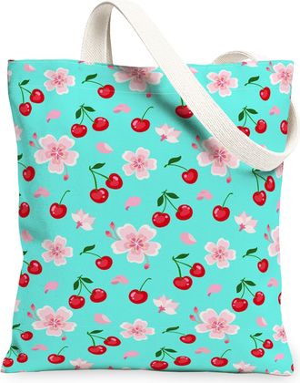 Generic Cherries Blossom Canvas Tote Bags, Floral Print Reusable Grocery Bags, Spring Lightweight Washable Shoulder Strap Tote for, Aqua, 13x15 Inch