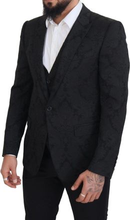 Dolce & Gabbana Mens Black Floral Brocade 2 Piece Martini Suit Polyester