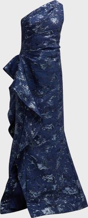Teri Jon Metallic Jacquard One-Shoulder Side-Ruffle Gown
