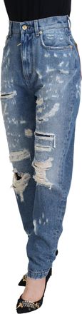 Dolce & Gabbana Womens Blue Washed Cotton Tattered Denim Jeans Clothing