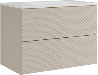 Vente-Unique Mueble de ba&ntilde;o suspendido con dise&ntilde;o de espiga con lavabo encastrado - Beige - 80 cm - DORIONI