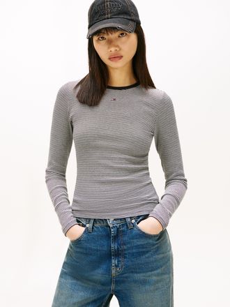 Tommy Jeans Langarmshirt TOMMY JEANS TJW SLIM ESSENTIAL RIB LS, Damen, Gr. XL (42), schwarz, ecru stripe, Rippware, Obermaterial: 95% Baumwolle, 5% Elasthan, gest