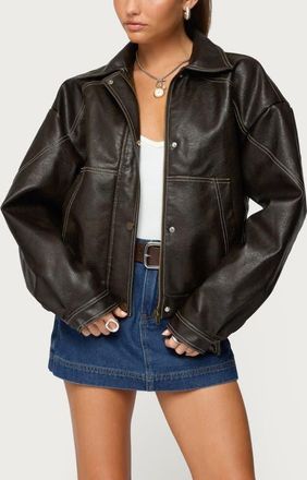 Edikted Jaxson Oversize Faux Leather Jacket in Dark-Brown at Nordstrom, Size X-Large