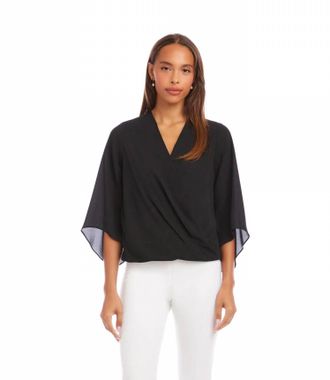 Karen Kane Bracelet Sleeve Drape Front Crossover Top - Petite In Black
