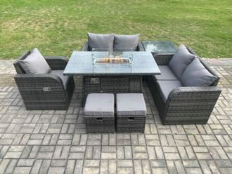 Fimous Rattan Garden Furniture Set with Gas Fire Pit Dining Table, Side Table & 2 Small Footstools Indoor Outdoor 7 piece Loveseat Sofa set