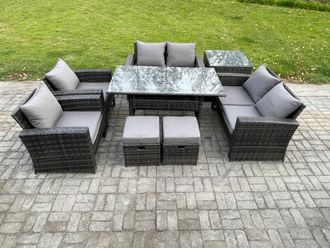 Fimous Rattan Garden Furniture Set 8 Seater Patio Outdoor Lounge Sofa Set with Oblong Dining Table Double Seat Sofa in Dark Grey