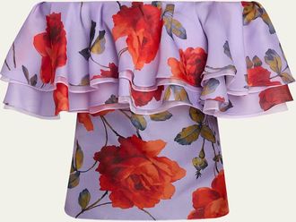Carolina Herrera Rose Chiffon Off-The-Shoulder Ruffle Top