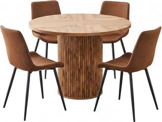 Urban Meuble Conjunto de mesa de comedor redonda con 4 sillas de tela marr&oacute;n