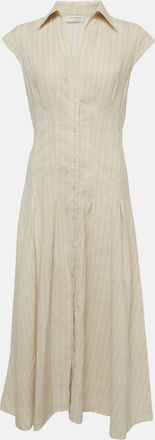Sandro Cream Striped Linen Pleated Andrina Midi Dress