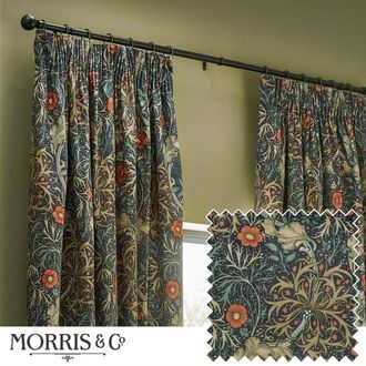 Morris & Co. Seaweed Printed Velvet Room Darkening Pencil Pleat Curtains in Indigo | Size: 167 cm width x 183 cm drop