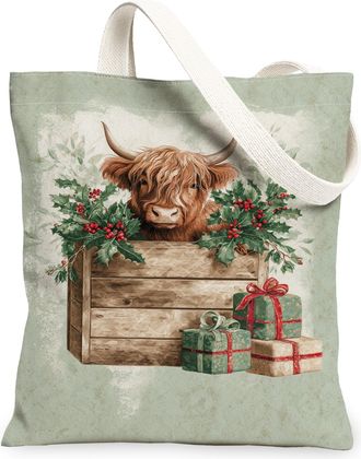 Generic Christmas Cow Canvas Tote Bag, Vintage Farmhouse Holiday Design Reusable Grocery Bags, Rustic Lightweight Washable Shoulder, Green, 13x15 Inch