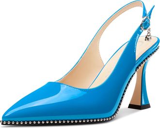 Castamere Womens Slingback Kitten Heel Close Pointed Toe Pumps Court Shoe Chunky Wedding Party Dress Shoes 9 CM Heels Blue 6.5 UK