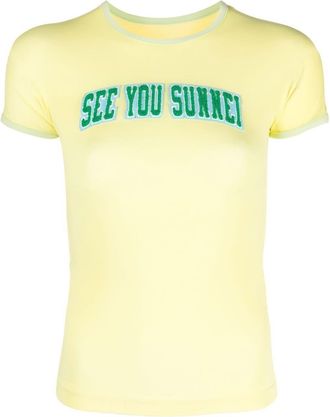 Sunnei appliqu&eacute; fleece slogan T-Shirt - women - Spandex/Elastane/Polyamide - M - Yellow