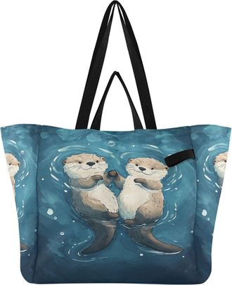 Generic Gray Otter print Reusable Canvas Tote Bag, Heavy Duty Grocery Shopping Bag with Hard Bottom Double Handles Large Capacity Work Groceries Travel